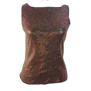 Ann Taylor Silk Iridescent Sequin Tank Top Olive Green Boat Neck Size Small